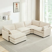 JUSTLET U-Shaped Sectional Sofa Set, Modular Oversized 5 Seat Corner Sofa with Ottoman, Corduroy Sectional Couches for Living Room Home Apartment, Beige